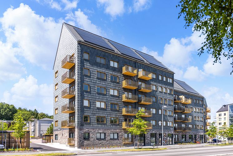 hus, gata, himmel, skifferfasad, balkonger, exteriör